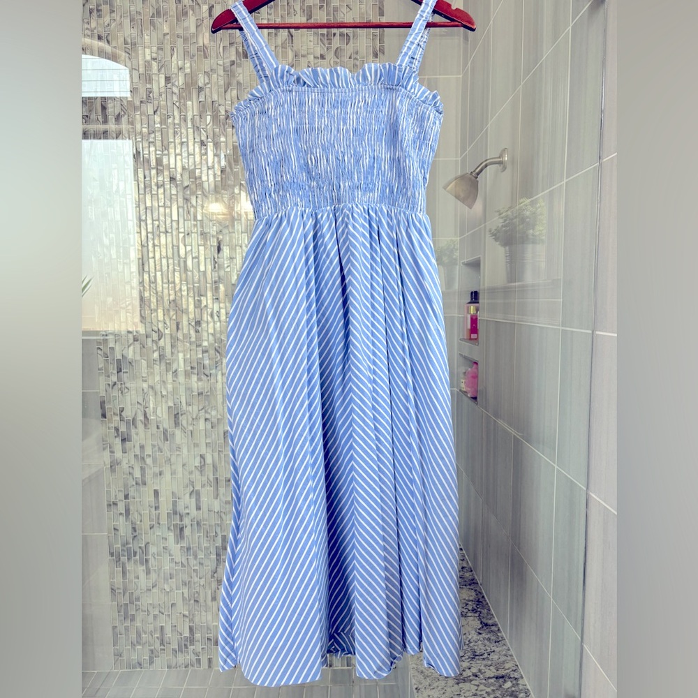 English Factory Blue Striped Sundress with Smocked Bodice